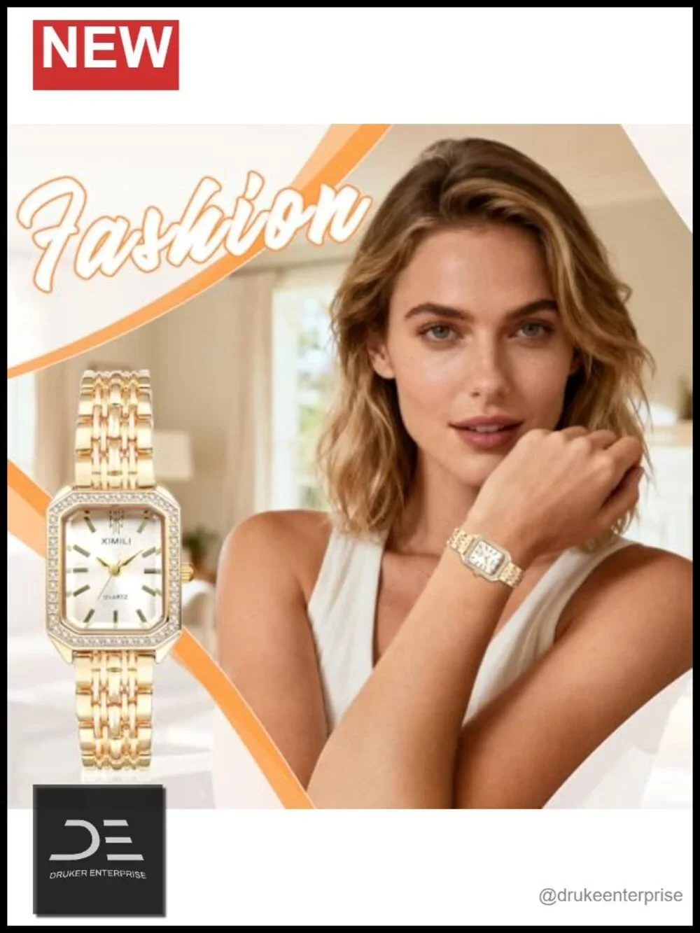 Square Watches for Women: Rhinestone Gold Stainless Steel Adjustable Band